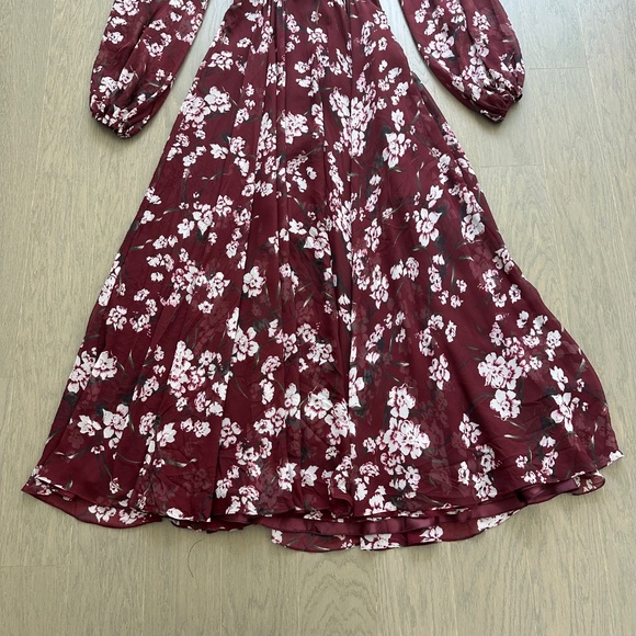 Ieena for Mac Duggal Floral Chiffon Burgundy Red Long Sleeve Maxi Dress V-Neck 0 - Picture 5 of 11